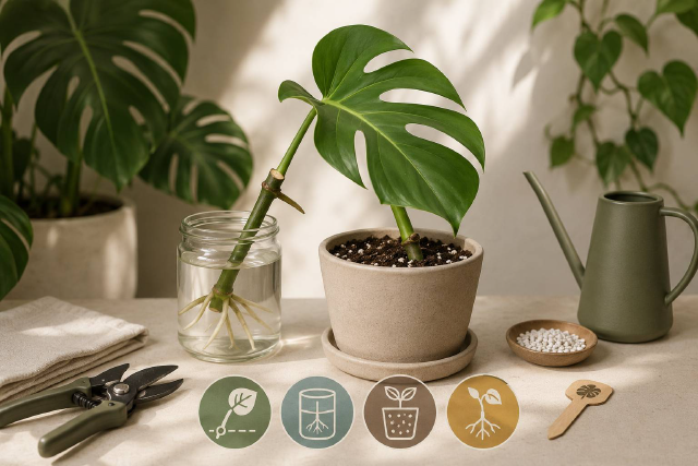 Arrosage d'un monstera en pot avec vérification du substrat