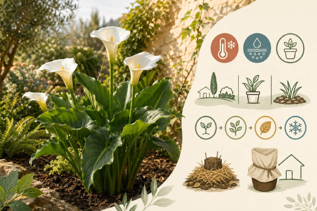 Arum d’Éthiopie blanc en fleur dans un massif extérieur