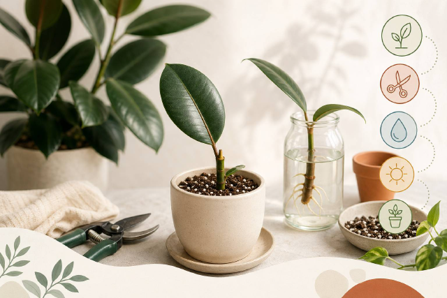 Bouture de ficus elastica préparée dans un petit pot drainant