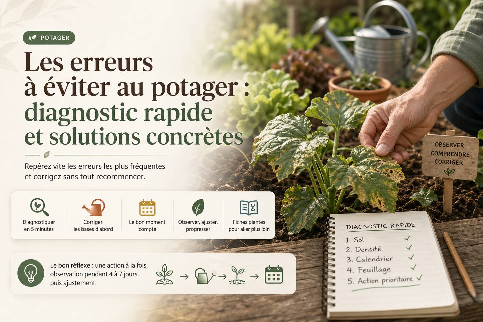 Main de jardinier observant des plants de légumes avec signes de stress au potager