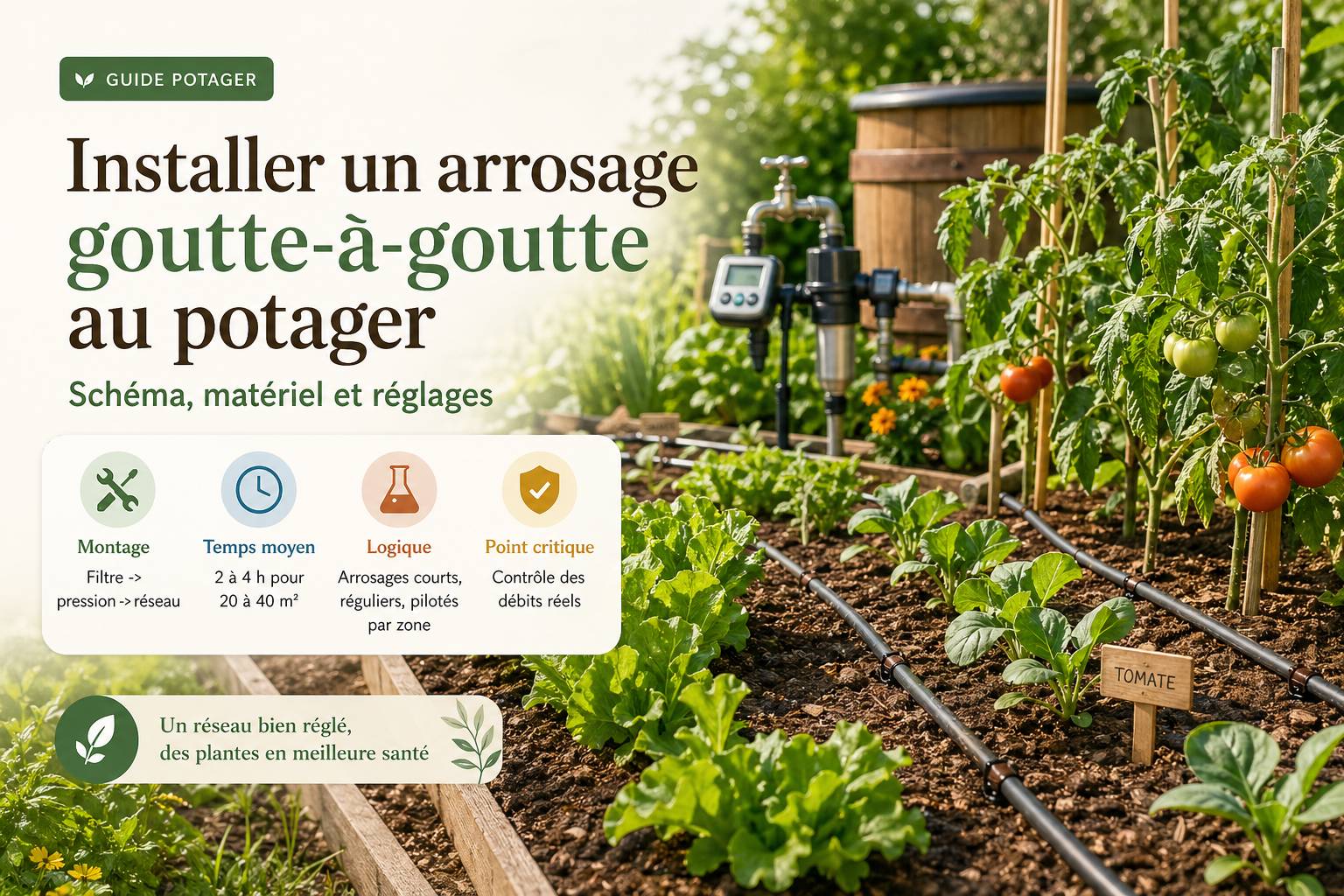 Lignes de goutte-à-goutte installées entre des rangs de légumes au potager