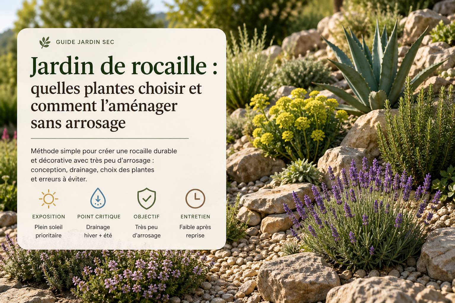Rocaille ensoleillée avec lavandes, thym et pierres naturelles