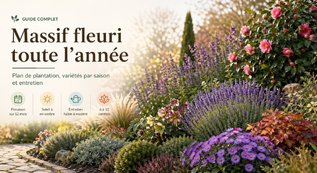 Massif de jardin fleuri en plusieurs strates avec floraisons de saisons