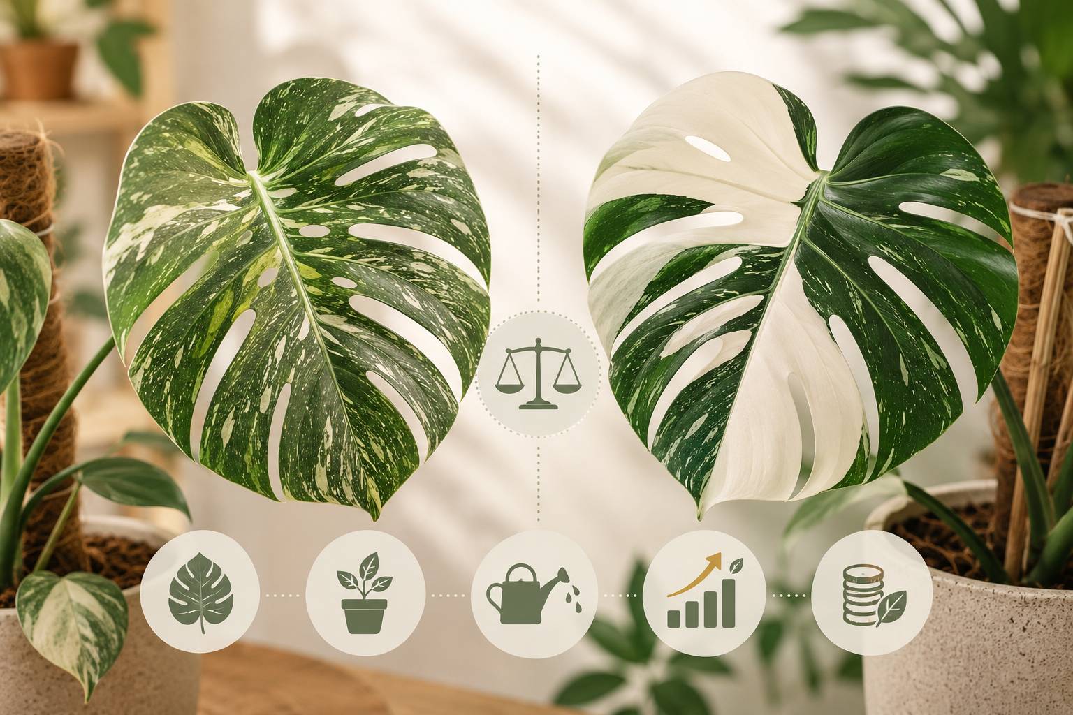 Comparaison de feuilles de Monstera Thai Constellation et Monstera albo en intérieur