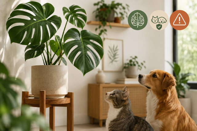 Feuille de monstera en intérieur, à placer hors de portée d'un chat et d'un chien