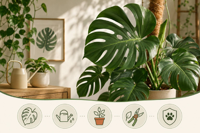 Grandes feuilles de monstera en intérieur lumineux