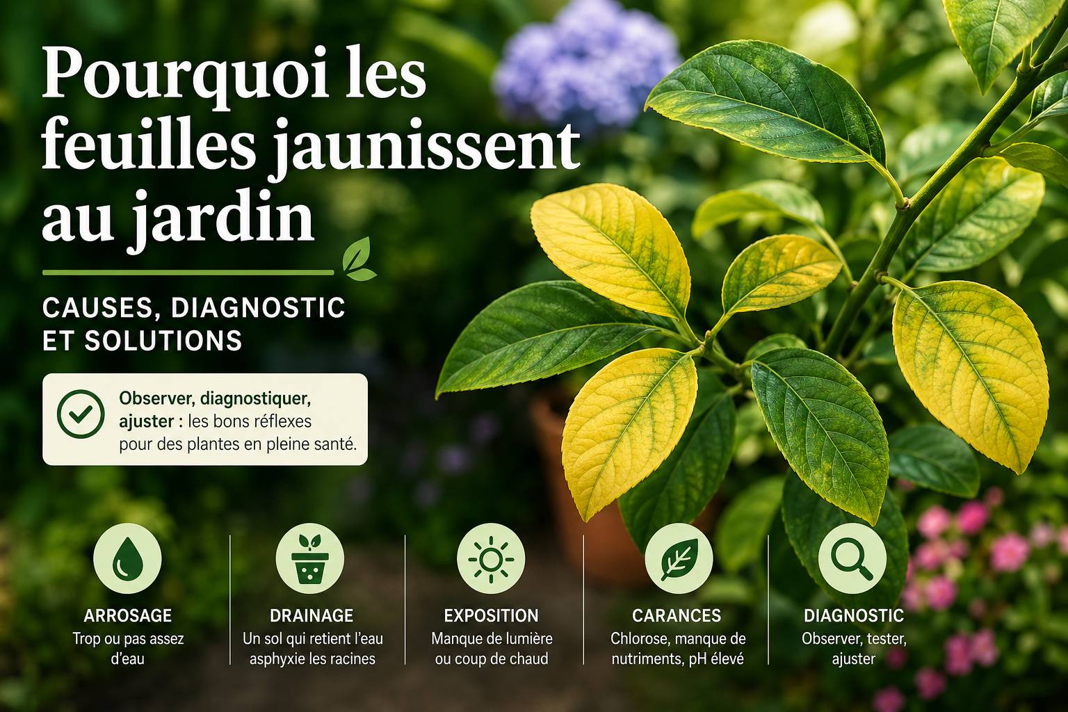Feuillage de jardin avec jaunissement progressif des feuilles