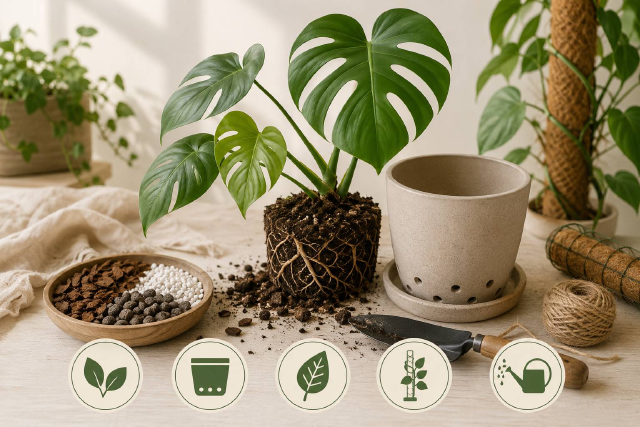 Rempotage d'un monstera dans un pot percé avec substrat aéré